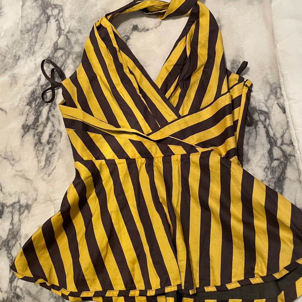 Navy and gold striped peplum halter top